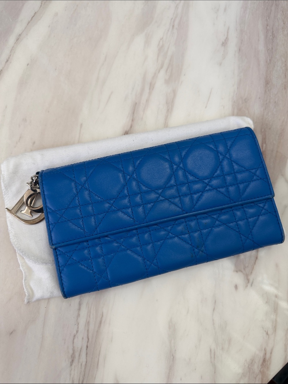 Dior Blue Quilted Leather Continental Wallet with Silver Charm